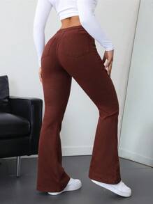 SHEIN ICON Women's High-Waist Flare Hem Casual Versatile Jeans Thickened Denim - Rust Brown - View 2