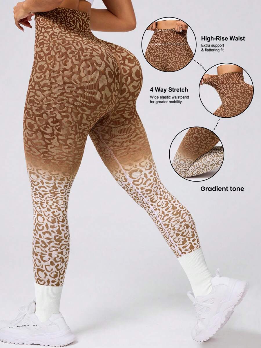 女士豹纹高腰日常健身运动紧身裤 - 棕色 - 查看 1