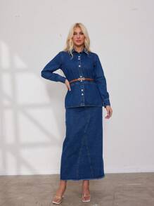 Ensemble denim classique et vintage pour femmes en deux pièces, chemise en denim à manches longues standard et jupe trapèze taille haute, pour dame de bureau, décontracté et école au printemps/été/automne/hiver