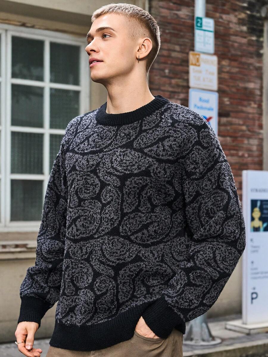 Manfinity Hypemode Men's All-Over Print Crew Neck Casual Long Sleeve Pullover Sweater, For Going Out, Couple Matching - Dark Grey - View 1
