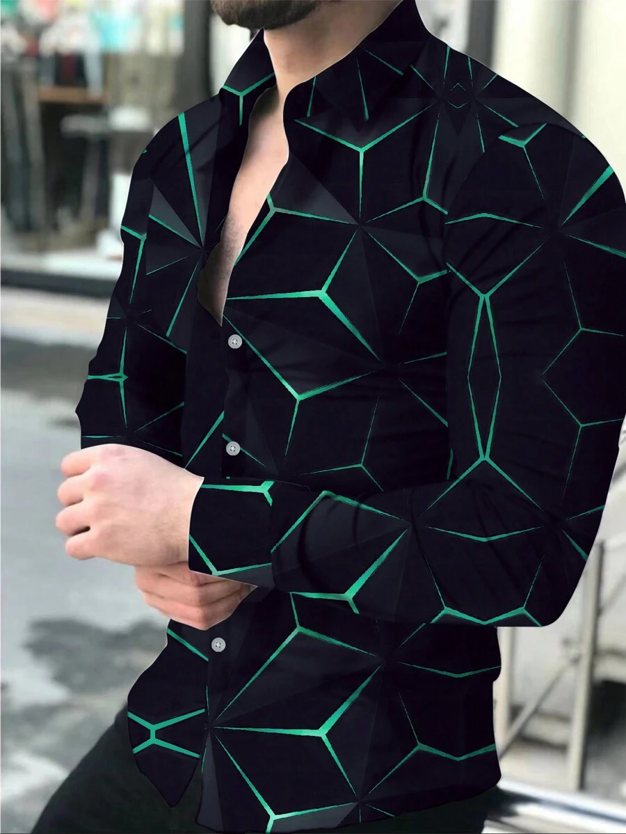 Manfinity Homme Men Geometric Print Long Sleeve Shirt, Fashion For Autumn - Multicolor - View 1