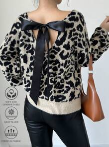 Chiquease 女士豹纹蝴蝶结长袖毛衣