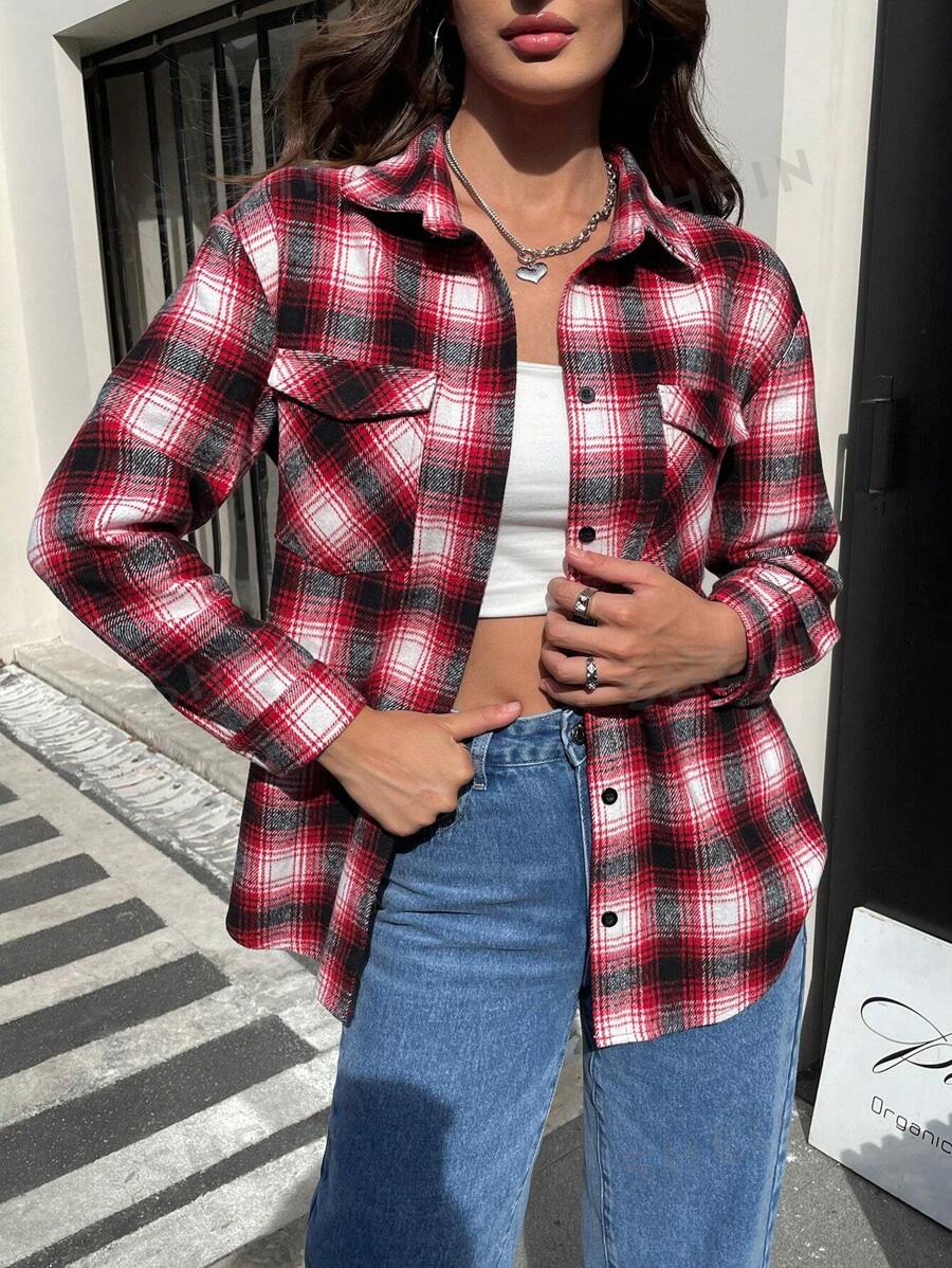 INAWLY Camisa casual holgada de mujer de manga larga con bolsillo y cierre simple a cuadros, otoño