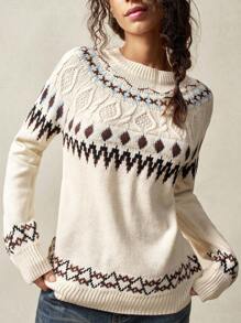 Bohemela Women's Geometric Print Round Neck Casual Versatile Long Sleeve Sweatshirt