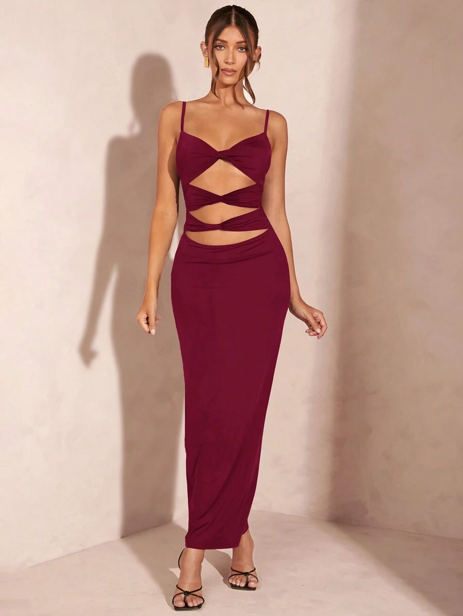SHEIN BAE Women Sexy Black Twisted Cutout Love Neck Strap Knitted Bodycon Dress - Burgundy - View 1