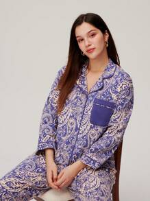 LUVLETTE Conjunto de pijama longo feminino em algodão com estampa paisley, calça com bolsos, lingerie, ideal para o outono, primavera e verão. - Azul e branco - Ver 7