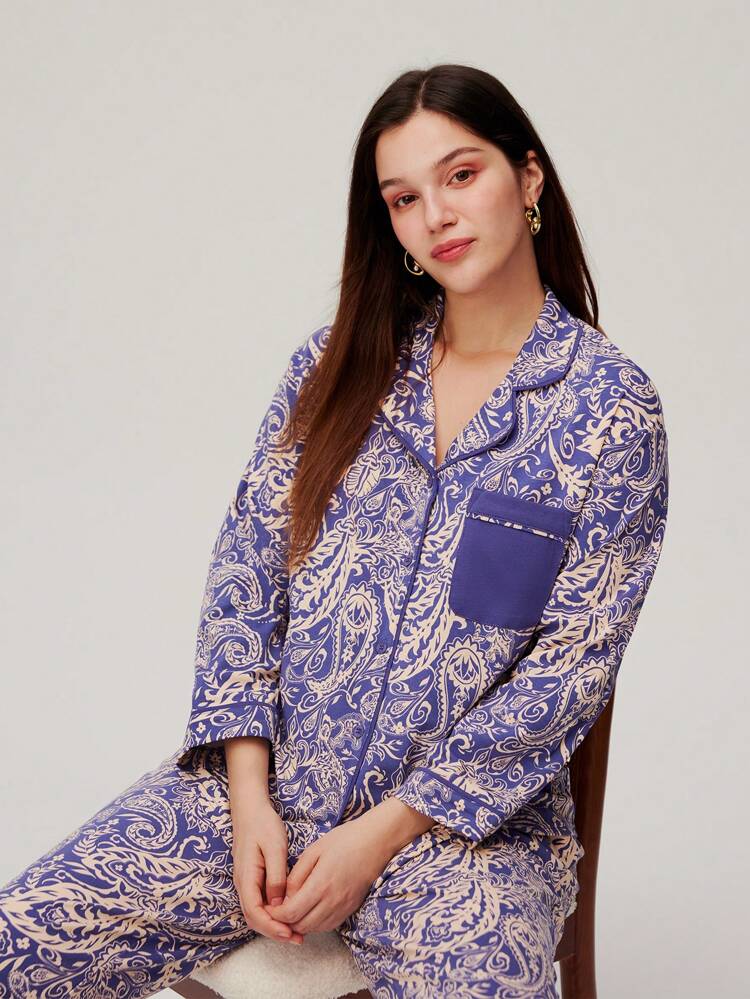 ペイズリー柄コットンロングパジャマセット レディース ルームウェアセット ポケット付きパンツ ランジェリー 秋冬パジャマ 春夏