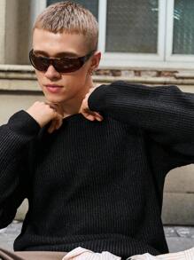 Manfinity Roghcode Áo len chui đầu cổ tròn màu trơn thường ngày cho nam màu đen - Màu xám đen - Xem 3