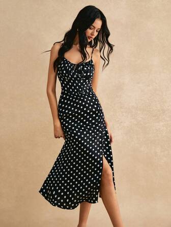 Poéselle Knut Dragkedja Slits Rynkad Byst Storprickig Elegant Klänning