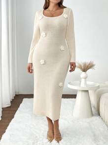 SHEIN Frenchy 大码女式 3D 玫瑰贴花白色连衣裙，适合冬季