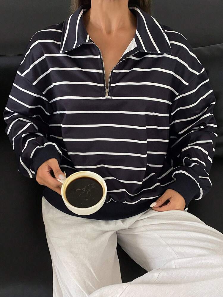 Contrast Striped Loose Long Sleeve Zipper Polo Collar Sweatshirt For Women,Fall Women Clothes