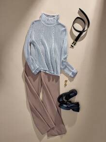 BizChic 卡其色提花图案高领运动衫，时尚女装，春夏，节日，感恩节，新年， - 卡其色 - 查看 9