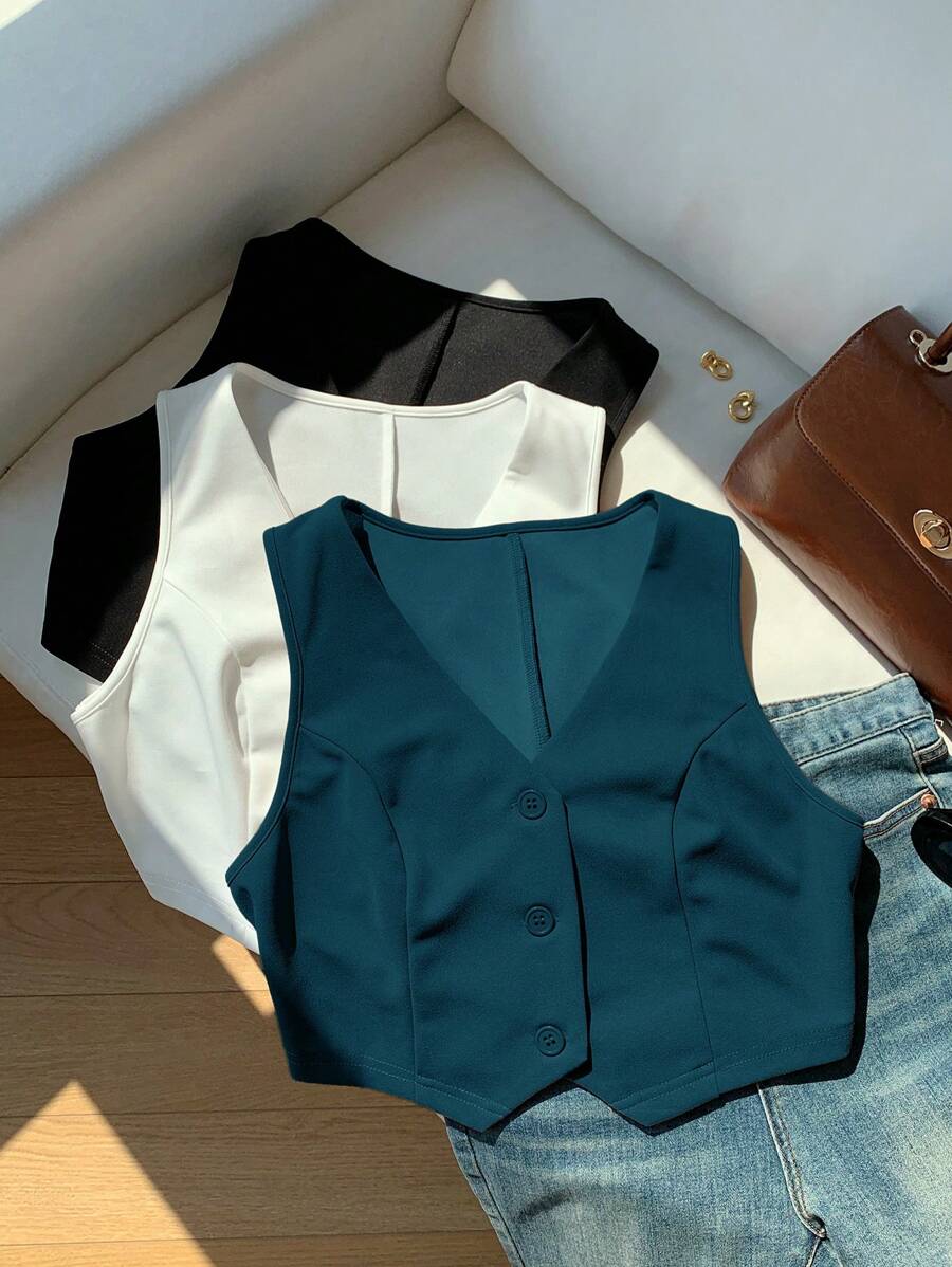 Comfortcana 3pcs Women's Solid Color Single-Breasted Casual Vest Set In Fall/Winter - Multicolor - View 1