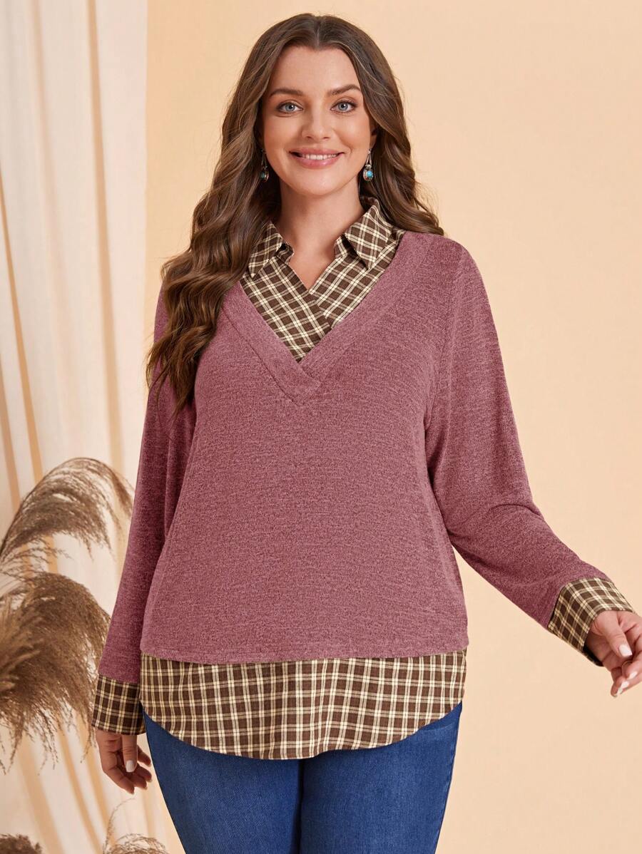 EMERY ROSE 大码格子印花休闲百搭长袖 T 恤，女士冬装 - 紅木色 - 查看 1