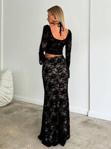 Aloruh 女式新款性感 Y2K 辣妹约会派对万圣节浪漫优雅套装黑色蕾丝胸罩短款上衣 + 低腰美人鱼裙套装黑色长袖两件套，秋冬 - 黑色 - 查看 2