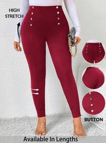 SHEIN PETITE CURVE Quần legging cạp cao màu trơn đa năng thường ngày cỡ lớn - Màu Đỏ Sâu - Xem 1