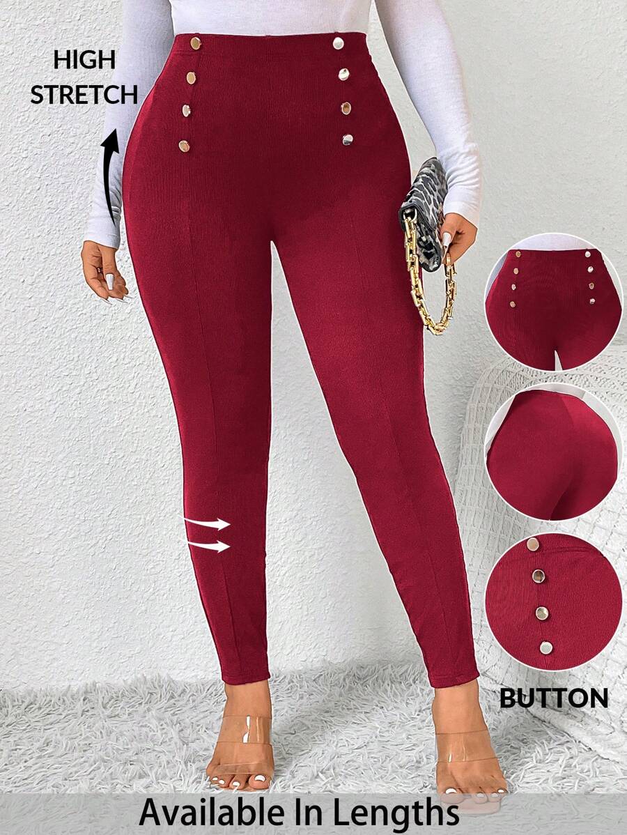 SHEIN PETITE CURVE Quần legging cạp cao màu trơn đa năng thường ngày cỡ lớn - Màu Đỏ Sâu - Xem 1
