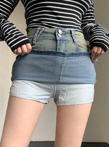 DAZY Váy denim ngắn bó sát trang trí túi cho nữ - Rửa nhẹ - Xem 6