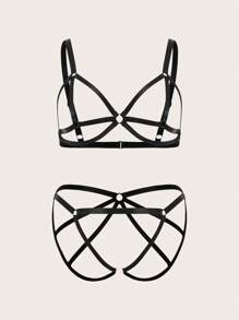 Classic Sexy Set de lencería sexy de 2 piezas para mujer de talla grande con unicolor y diseño calado