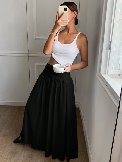 Serisse Women's Solid Color Black Pleated Simple Casual Mid-Length Skirt Winter Spring