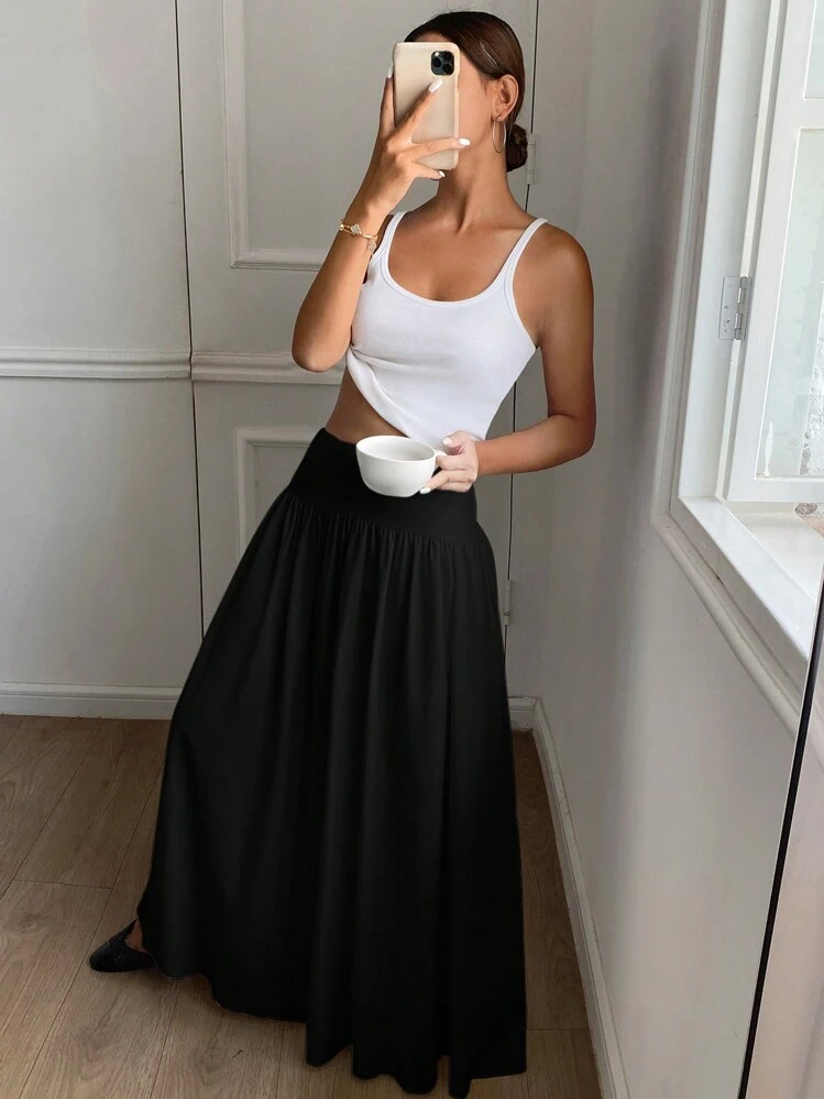 Jupe mi-longue plissée noire simple et décontractée de couleur unie pour femmes - Noir - Voir 6