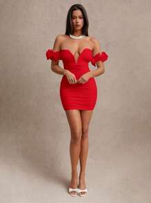 SHEIN BAE 女士优雅性感露肩褶饰修身迷你连衣裙 - 紅色 - 查看 5