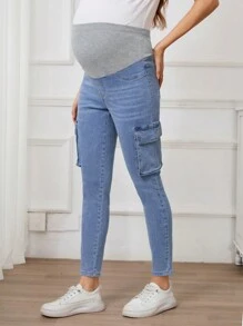 SHEIN Maternity Solid Color Patchwork Casual Elastic Denim Cargo Cropped Pants