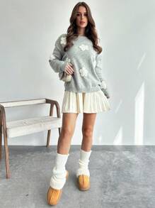 SHEIN Privé Pull gris ample, simple et décontracté avec décor floral romantique, pour l'automne/hiver - Gris - Voir 6