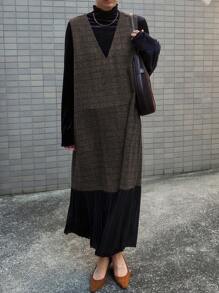 FRIFUL Vestido de suéter largo y grueso a cuadros para mujer, forrado térmicamente para otoño e invierno