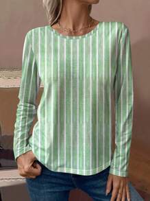 INAWLY Fashionable Women's Round Neck Short Sleeve Vertical Striped Mid-Length Casual T-Shirt, Spring/Autumn Graphic Tees Women Tops