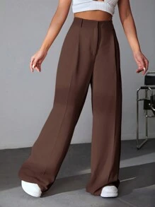 SHEIN EZwear Quần dài đơn giản màu trơn thường ngày đơn giản - màu nâu - Xem 6