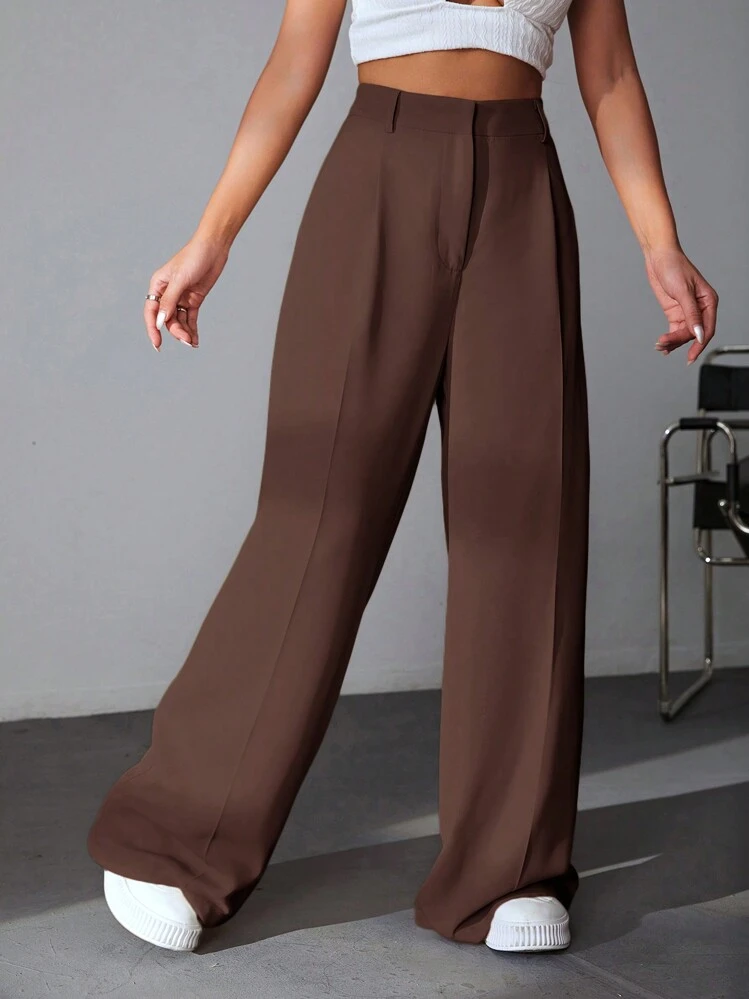 SHEIN EZwear Plain Solid Color Casual Simple Everyday Pants - Brown - View 6