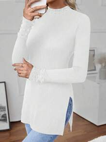 SHEIN LUNE Dames Slim Fit Lange Mouw Parel Versierd Hoge Hals Split Zoom T-shirt, Herfst/Winter