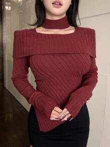 DAZY Áo len nữ cổ yếm không đối xứng ôm sát màu trơn, quần áo mùa thu - Màu Đỏ Sâu - Xem 8