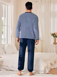 Men's Panda Embroidery Blue & White Striped Loungewear Set - Multicolor - View 2