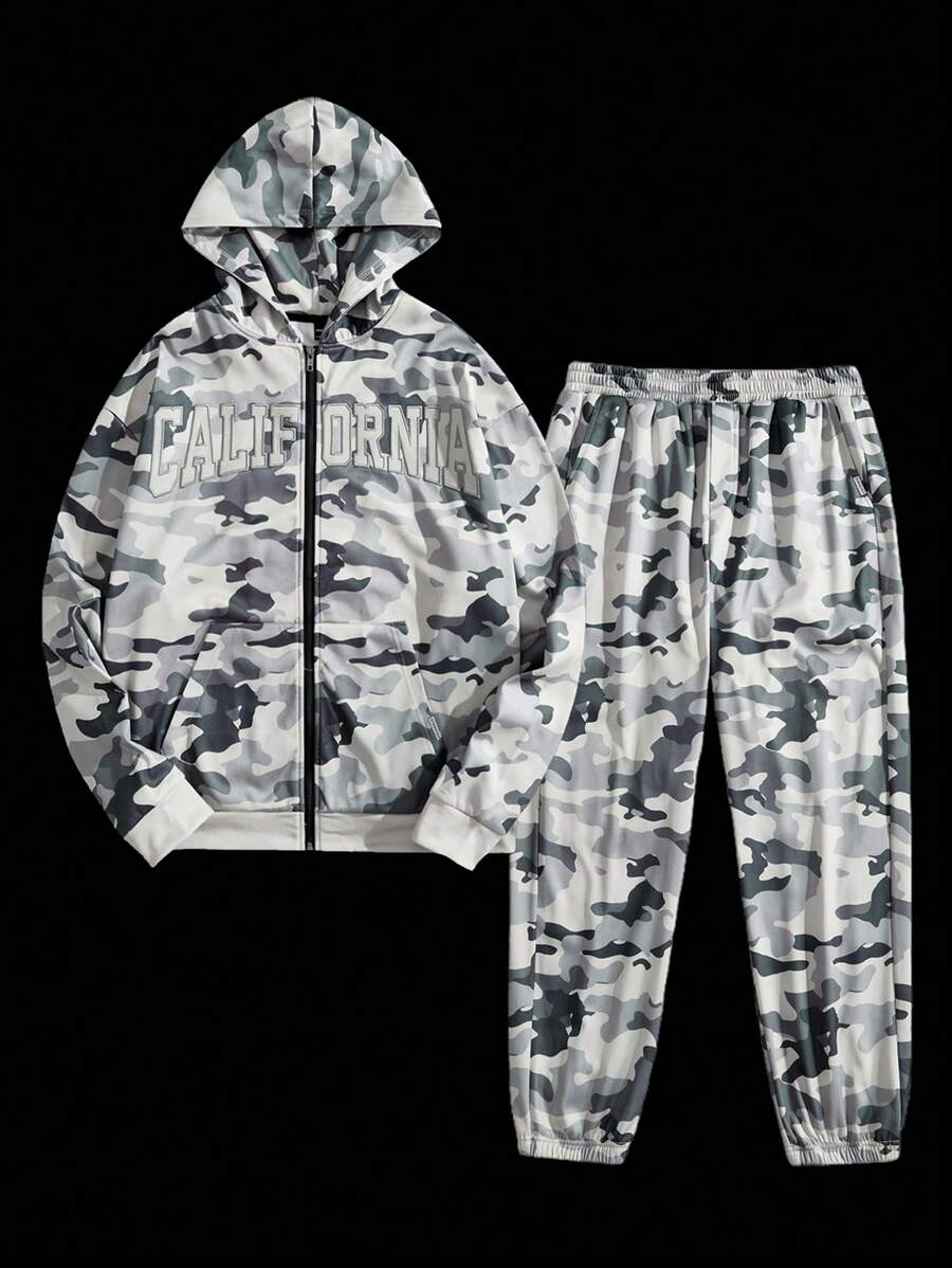 Manfinity VCAY Men's Digital Print Loose Fit Knit Long Sleeve Sweatshirt Set, For Fall Winter - Light Grey - View 1