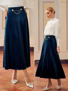 ZEYLAH 天鹅绒链条腰喇叭裙 - 水鴨藍 - 查看 1