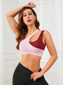 SHEIN Color Block Asymmetric Design Sports Bra - Pink - View 4