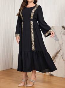 Al Najma Plus Size Long Sleeve Round Neck Ribbon Patchwork Elegant Party Dress Maxi Women Outfit