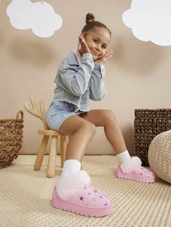 Mini mi Bästsäljare Fuzzy Star-Print Pink Platform Tofflor för barn – Lekfull, mysig design perfekt för semesternöjen