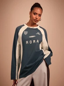 COSMINA Women's Casual Raglan Sleeve Colorblock Graphic Long Sleeve T-Shirt, Spring/Autumn - Multicolor - View 1