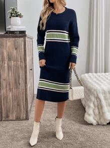 SHEIN Clasi Women's Casual Striped Crew Neck Long Sleeve Loose Pullover Dress Fall Cloth For Women - Multicolor - View 7
