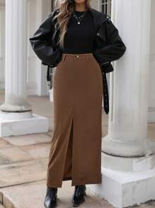 INAWLY Women's Solid Color Corduroy High Waist Front Split Pocket Maxi Casual Skirt, Autumn/Winter - Brown - View 5