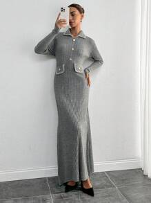 SHEIN Tall 女士前扣长袖口袋简约长裙，休闲日常穿着 - 灰色 - 查看 4