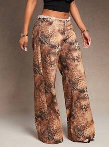 SHEIN SXY 新年优雅性感夜店必备情人节卡其棕色扎染蛇纹编织斜纹面料超低腰带带拉丝边缘和真口袋 - 彩色 - 查看 6