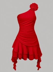 SHEIN Girlism 少女纯色花卉 3D 褶饰腰部荷叶边系带连衣裙 - 紅色 - 查看 5