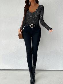 EMERY ROSE Women's Shell Collar Tight Fit T-Shirt, Fashionable Metallic Silver Special Fabric Base Layer TeeParty Graphic Tees Women Tops - Black - View 5