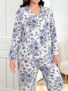Floral Print Collared Button Down Puff Sleeve Plus Size Pajama Set