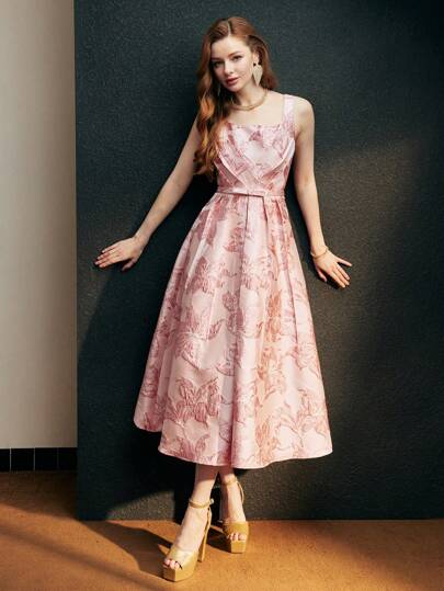 スーツ・フォーマル・ドレス FLOWER JACQUARD STRAIGHT DRESS Metallic Jacquard One Shoulder 3D Flower Overlay Gown