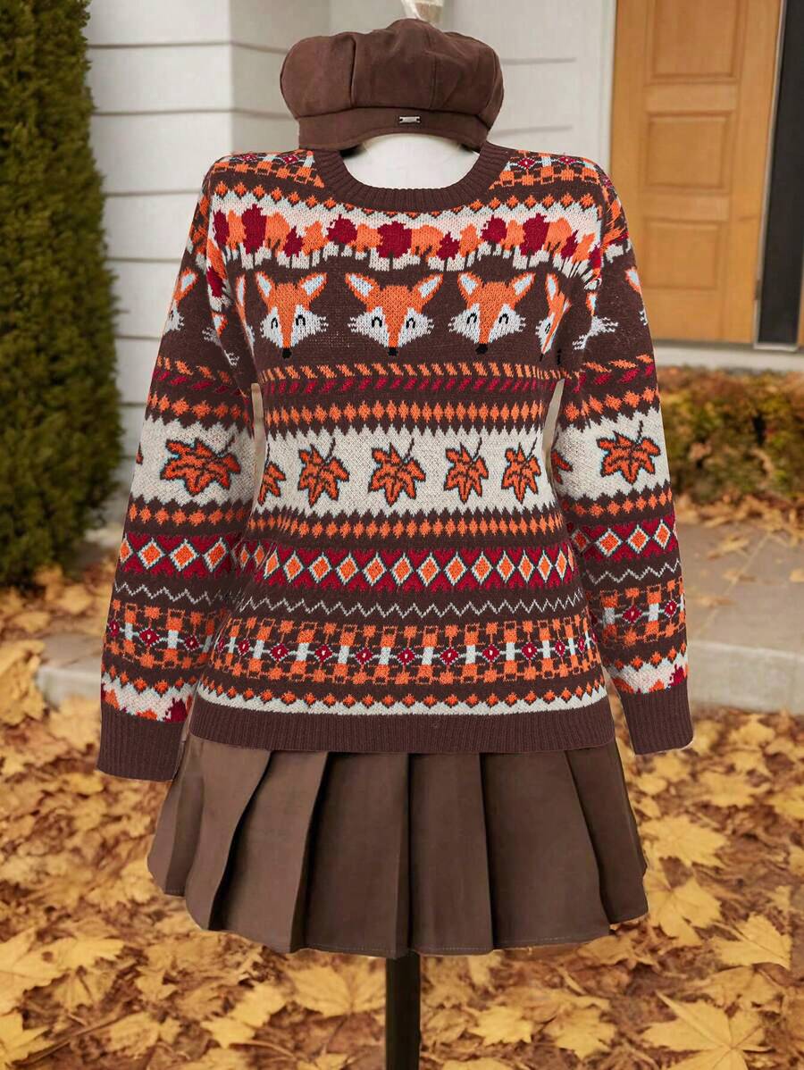 Flirla Plus Size Drop Shoulder Fox & Leaf Print Crew Neck Sweater, Autumn, For Winter Knit Pullover Fall - Brown - View 1